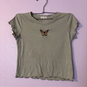 Heart & Hips Light Green Ribbed Top with Butterfly Accent